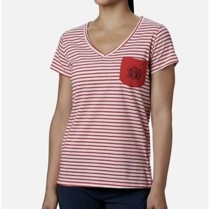 Columbia Women’s PFG Monogram Striped Tee Shirt, Red Lily/Collegiate Navy, S/P